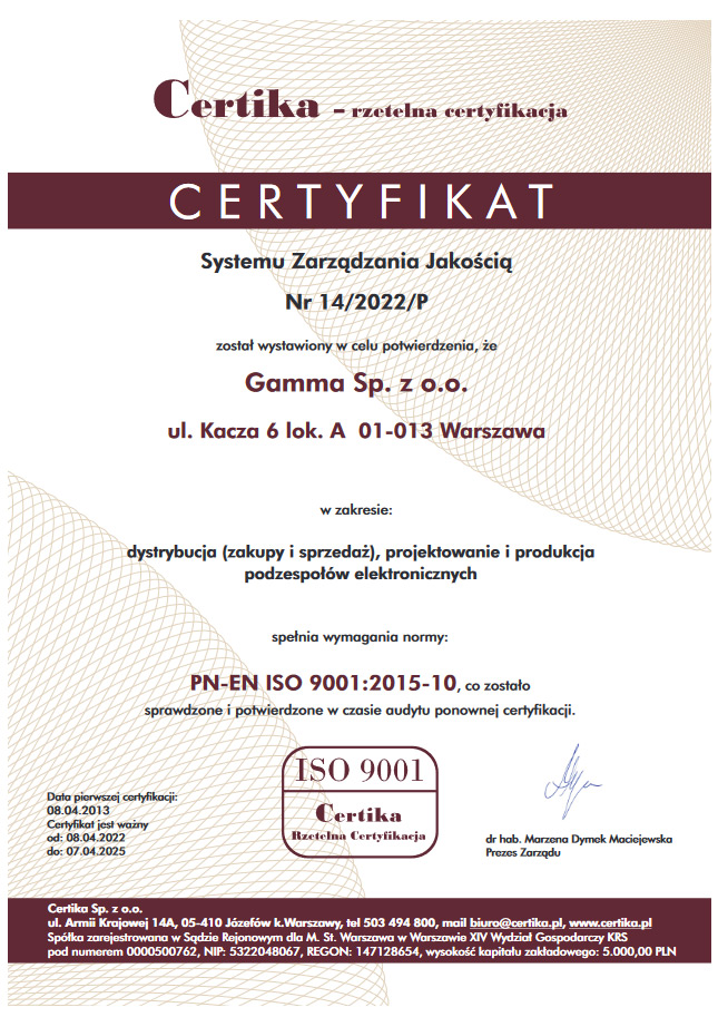 Certyfikat Zarządzania Jakością PN-EN ISO9001:2015-10