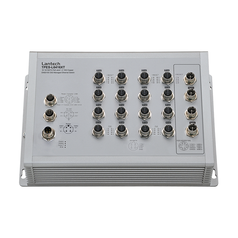 T(P)ES-L6416XT (IP67/IP54), 16x10/100TX + 4x 10G Copper (with 8/10/16 PoE) EN50155 OS3 Managed Ethernet Switch w/ Enhanced G.8032 Ring, PXE ; WVI / 24V / 24TV input