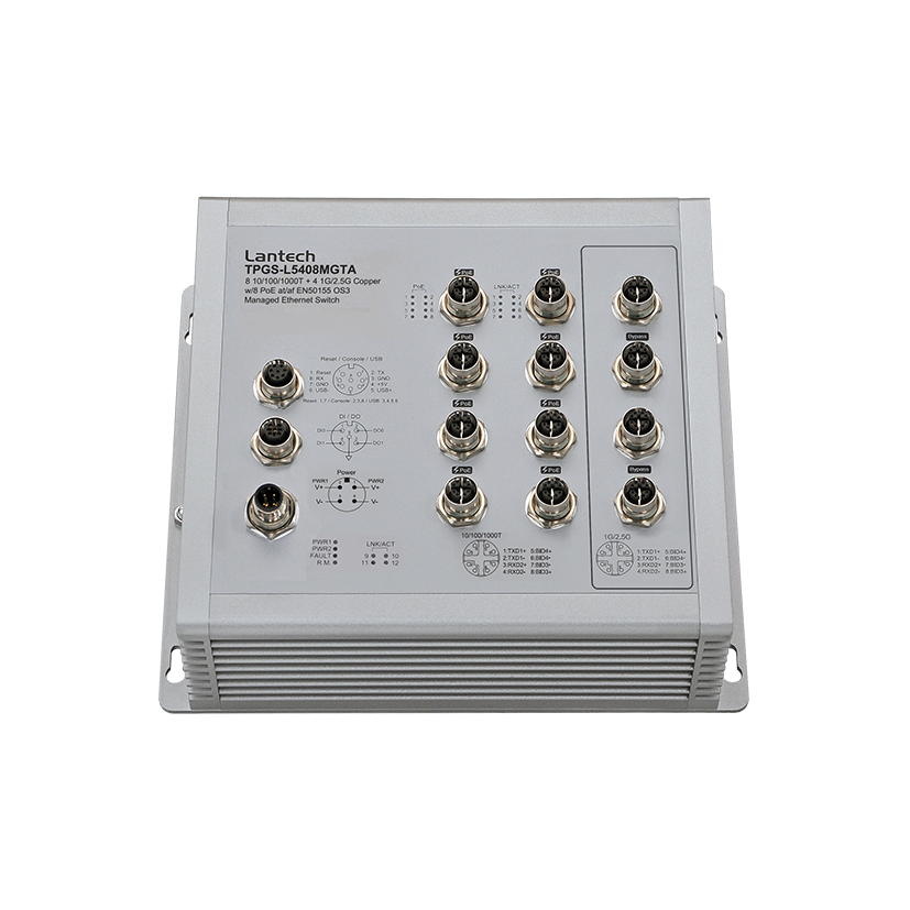 T(P)GS-L5408MGTA (IP67/IP54), 8x 10/100/1000T + 4x 1G/2.5G Copper (w/8 PoE) EN50155 OS3 Managed Ethernet Switch w/ Enhanced G.8032 Ring, PXE ; WVI / 24V / 24TV input
