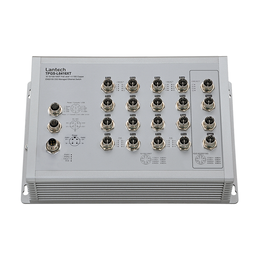 T(P)GS-L6416XT (IP67/IP54), 16x 10/100/1000T + 4x 10G Copper (w/8/16 PoE), EN50155 OS3 Managed Ethernet Switch w/ Enhanced G.8032 Ring, PXE ; WVI / 24V / 24TV input
