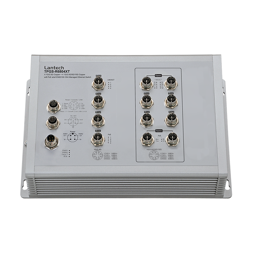 T(P)GS-R6804XT (IP67/IP54), 4 x 1G/2.5G + 8 x 10G Copper (w/ PoE), EN50155 OS4 Managed Ethernet Switch w/ Enhanced G.8032 Ring, PXE ; WVI / 24V / 24TV input